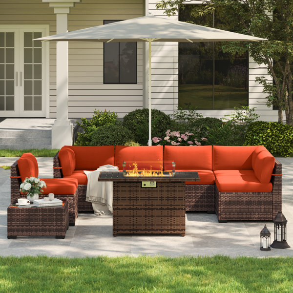 syid 6 Person Outdoor Slanted Back Sectional Sofa with Coffee Table Latitude Run Cushion Color Burgundy Firepit Included Yes